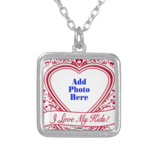 I Love My Kids! Photo Red Hearts Silver Plated Necklace