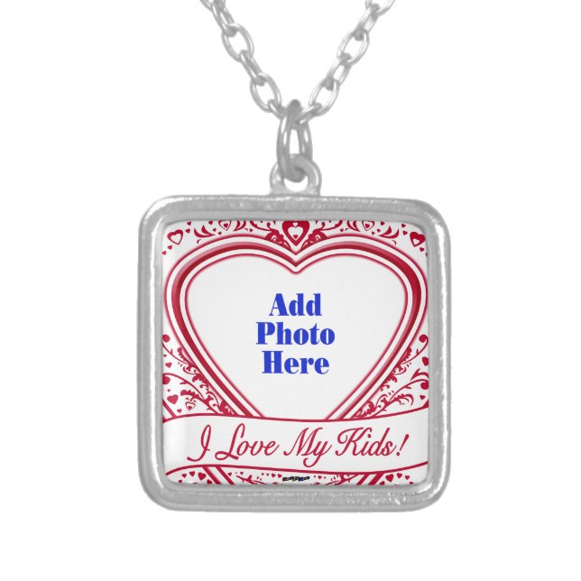 I Love My Kids! Photo Red Hearts Silver Plated Necklace (Front)