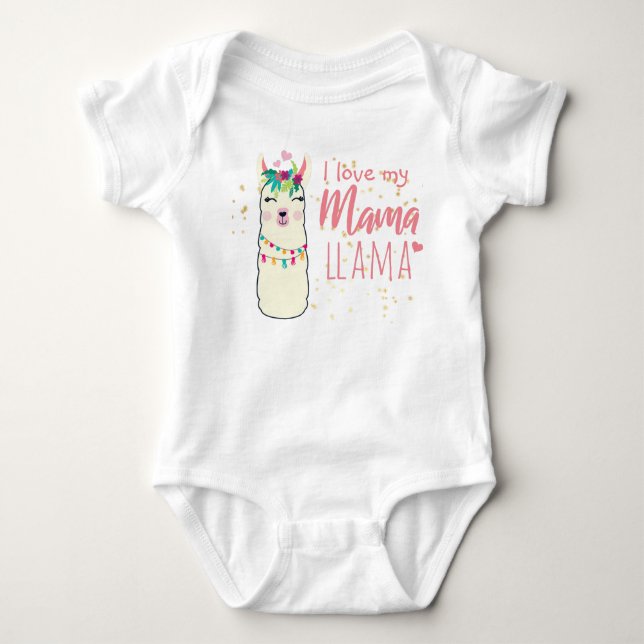 I Love My Mama Llama Cute Girls Pink Gold Shower Baby Bodysuit (Front)