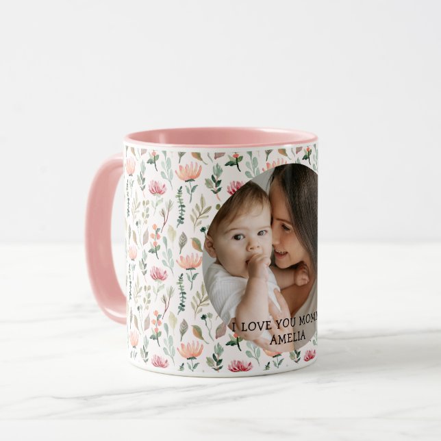 I Love my Mom Greenery Floral Mother Baby Photo  Mug (Front Left)