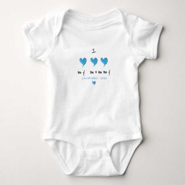 I Love My Mommy Blue Heart Custom Baby Bodysuit (Front)