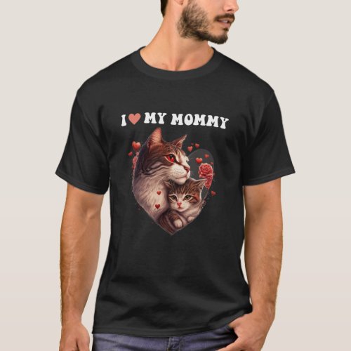 I Love My Mommy Mama cat hugs kitten Red Heart Gir T_Shirt