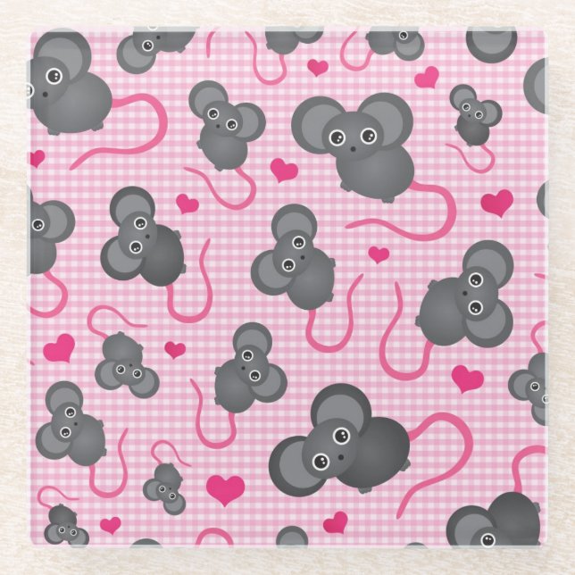 I love my mouse pattern in pink glass coaster (Front)