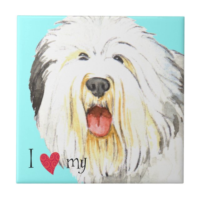 I Love my Old English Sheepdog Ceramic Tile (Front)