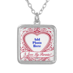 I Love My Parents! Photo Red Hearts Silver Plated Necklace