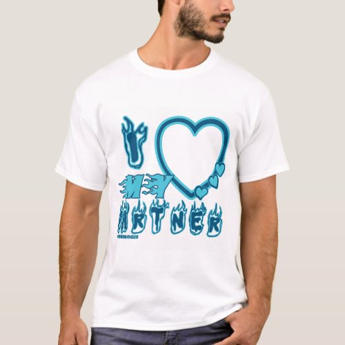  I Love My Partner Custom T-shirt in BLUE - blue with fire fonts and y2k style says " I Love My PARTNER" with a huge heart that allows you to insert your image In the colors Blue & Baby Blue 

Perfect for non-binary couples 