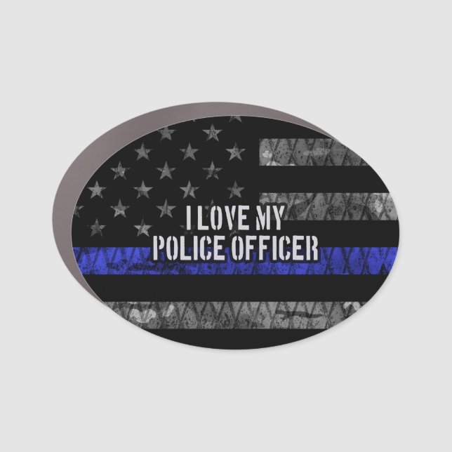 I Love My Police Officer Thin Blue Line Distressed Car Magnet (Front)