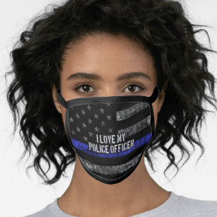 I Love My Police Officer Thin Blue Line Distressed Face Mask