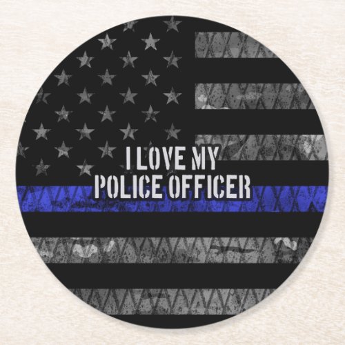 I Love My Police Officer Thin Blue Line Distressed Round Paper Coaster