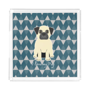 I love my Pug, Blue diamonds pattern Acrylic Tray