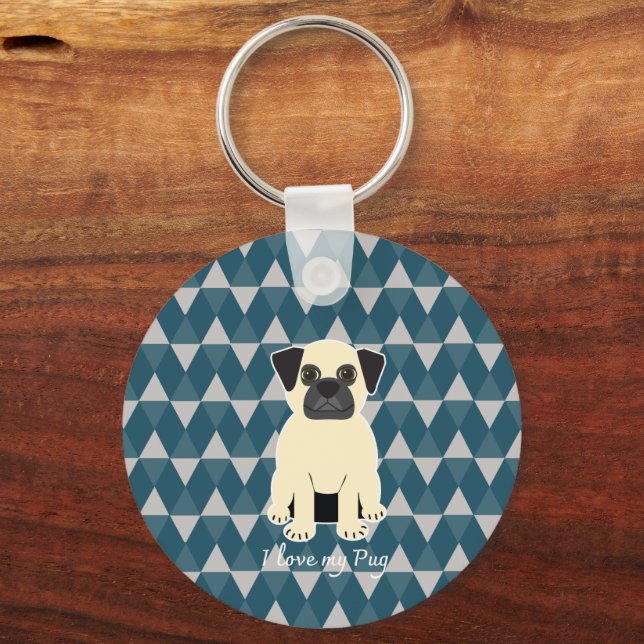 I love my Pug, Blue diamonds pattern Keychain (Front)
