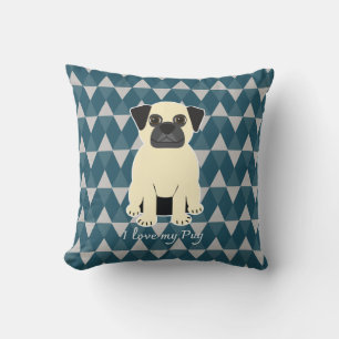 I love my Pug, Blue diamonds pattern Throw Pillow