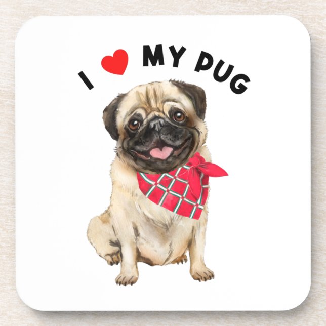 I Love My Pug Cute Pug Puppy Dog with Scarf Art  Beverage Coaster (Front)