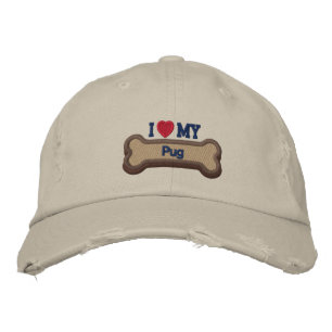 I Love My Pug Dog Bone Embroidered Hat