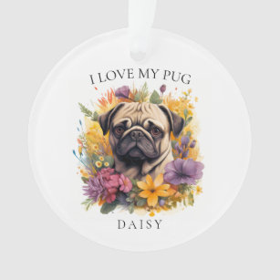 I Love My Pug Floral Dog Portrait Ornament