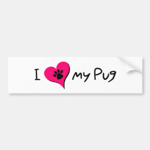 I Love My Pug Quote With Paw Print on Pink Heart Bumper Sticker