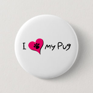 I Love My Pug Quote With Paw Print on Pink Heart Button