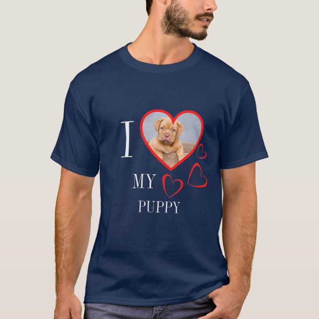 I Love My Puppy Custom Heart Photo Blue T-Shirt (Front)