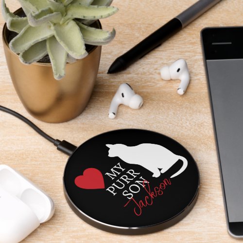 I Love My Purr Son Custom Name Cat Lover  Wireless Charger