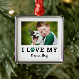 I Love My Rescue Dog Custom Breed Photo Name Metal Ornament