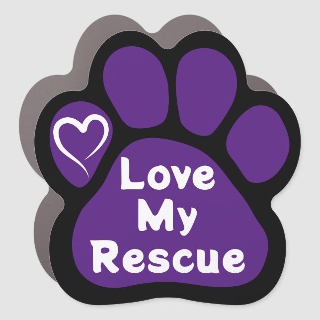 I Love My Rescue Purple Paw Print with Heart  Car Magnet (Front)