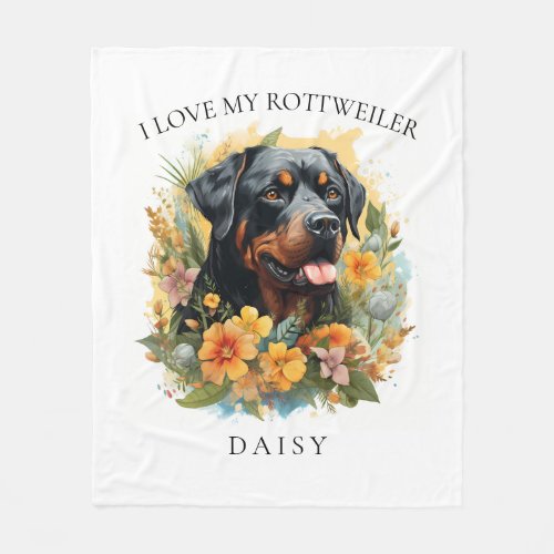 I Love My Rottweiler Floral Dog Portrait Fleece Blanket