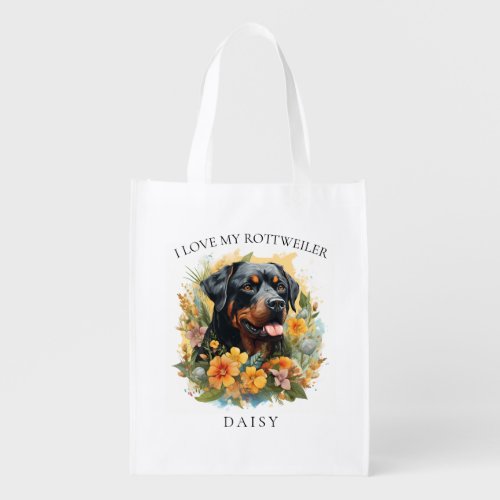 I Love My Rottweiler Floral Dog Portrait Grocery Bag