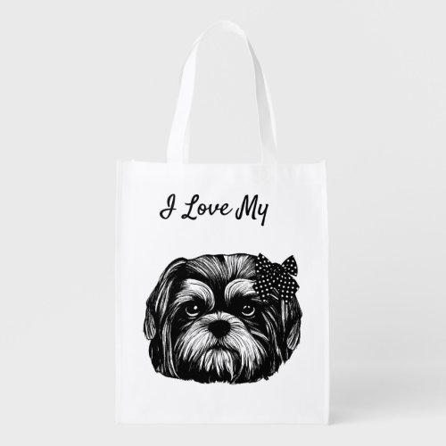 I Love My Shih Tzu dog with bow Original art  Grocery Bag