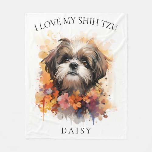 I Love My Shih Tzu Floral Dog Portrait Fleece Blanket