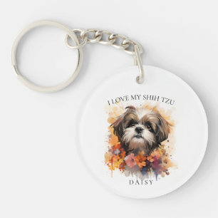 I Love My Shih Tzu Floral Dog Portrait Keychain