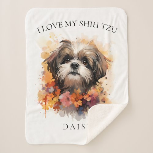 I Love My Shih Tzu Floral Dog Portrait Sherpa Blanket