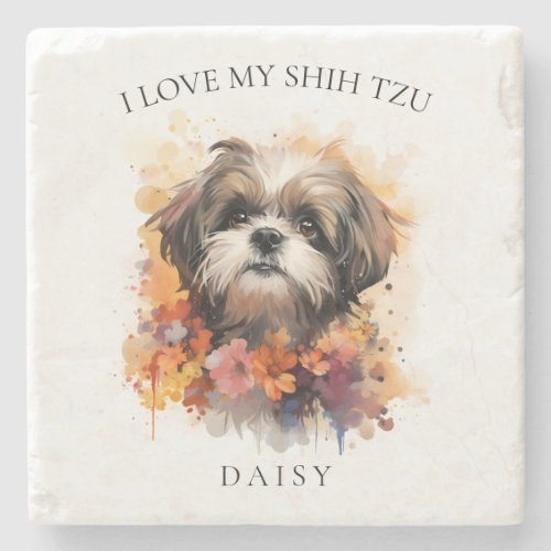 I Love My Shih Tzu Floral Dog Portrait Stone Coaster