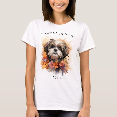 I Love My Shih Tzu Floral Dog Portrait T_Shirt