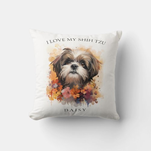 I Love My Shih Tzu Floral Dog Portrait Throw Pillow