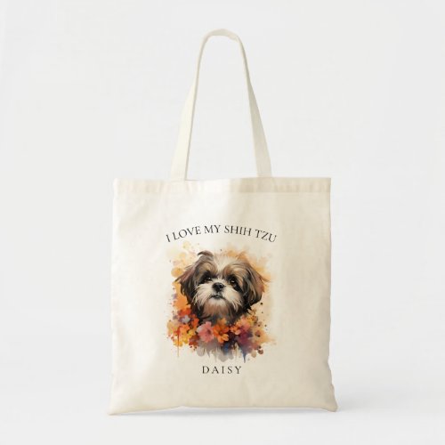 I Love My Shih Tzu Floral Dog Portrait Tote Bag