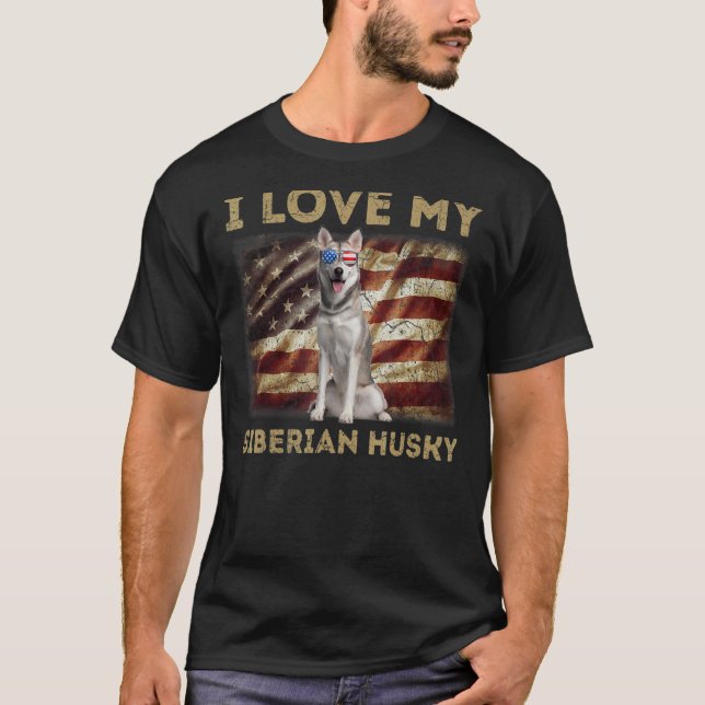 I Love My Siberian Husky Dad Mom American Flag Wei T-Shirt (Front)