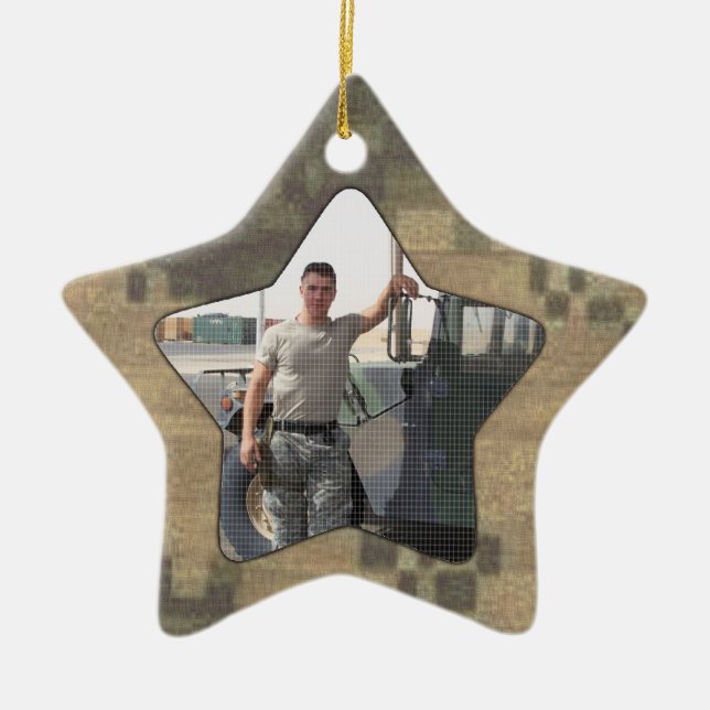 I Love My Soldier Military Personalized Photo Camo Ceramic Ornament (Front)