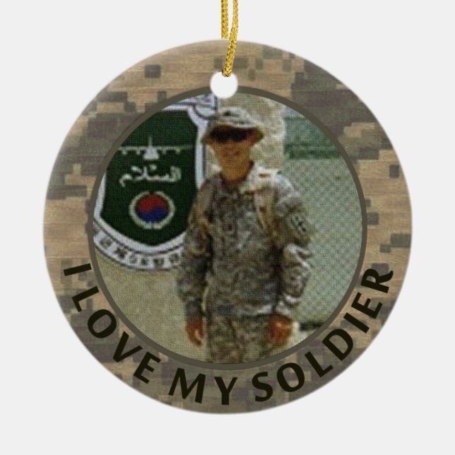 I Love My Soldier Military Photo Customizable Ceramic Ornament (Front)
