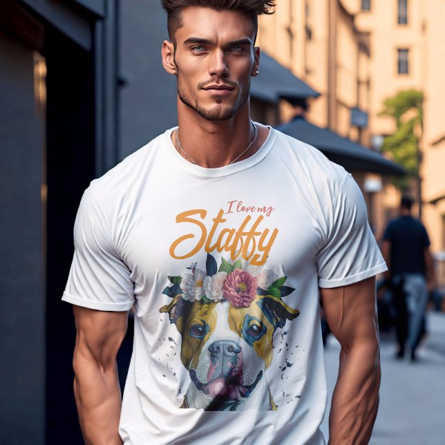 I love my Staffy, dog in flowers Personalized gift T-Shirt (I love my staffy - dad 
 of Staffordshire terrier girl)