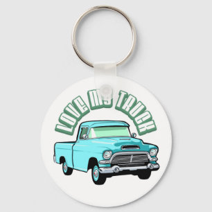 I love my truck - Old, classic blue pickup Keychain