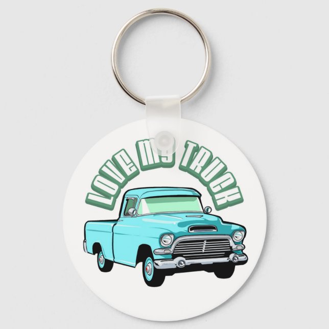 I love my truck - Old, classic blue pickup Keychain (Front)