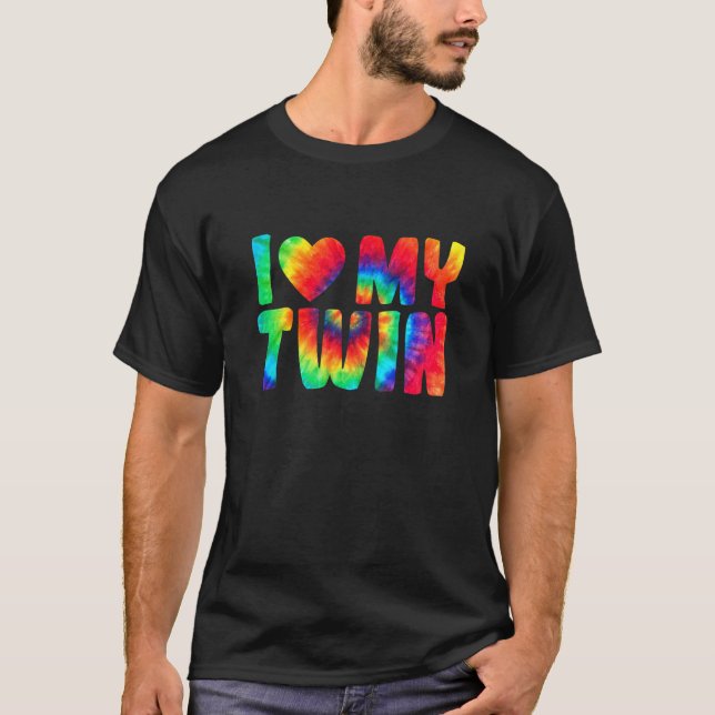 I Love My Twin Heart Funny Distressed Retro Tie Dy T-Shirt (Front)