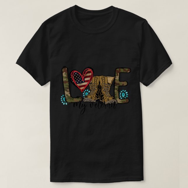 I Love My Veteran Camouflage USA Flag Military Arm T-Shirt (Design Front)