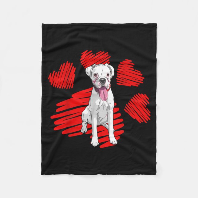 I Love My White Boxer Dog Paw Heart Valentines Day Fleece Blanket (Front)