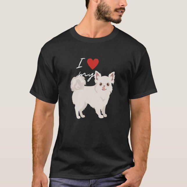 I Love My White Longhaired Chihuahua Dog   T-Shirt (Front)