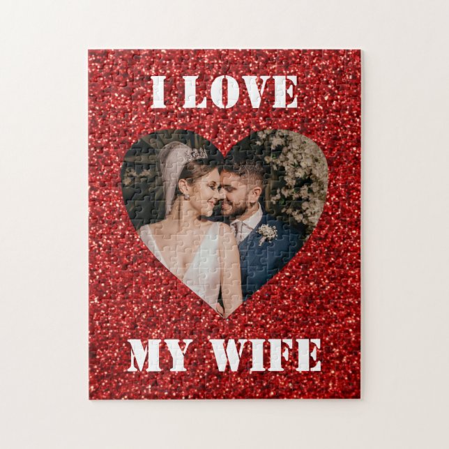 I Love My Wife Heart Custom Photo Heart Glitter  Jigsaw Puzzle (Vertical)