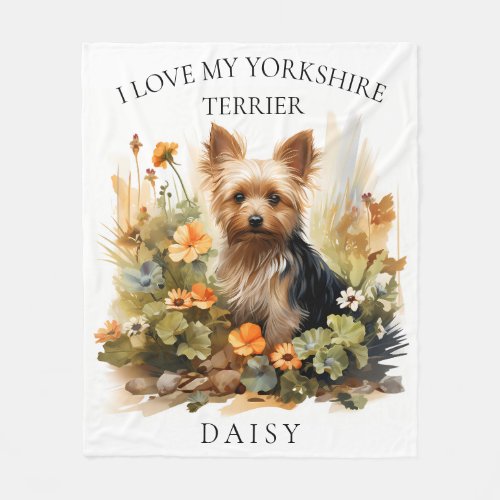 I Love My Yorkshire Terrier Floral Dog Portrait Fleece Blanket