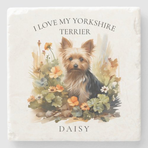 I Love My Yorkshire Terrier Floral Dog Portrait Stone Coaster