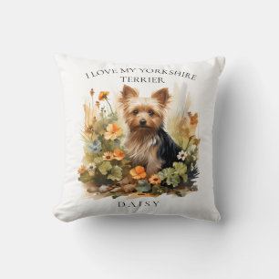 I Love My Yorkshire Terrier Floral Dog Portrait Throw Pillow