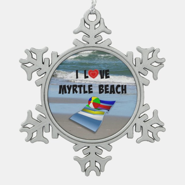 I Love Myrtle Beach Snowflake Pewter Christmas Ornament (Front)